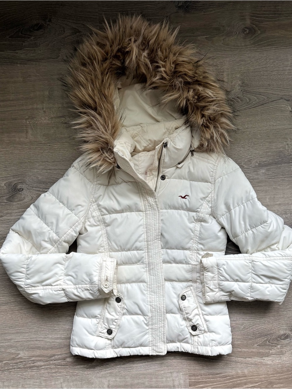 Hollister Girl’s Large/Women’s XSP Cream Puffer Jacket Faux-Fur Trim Hood Slim